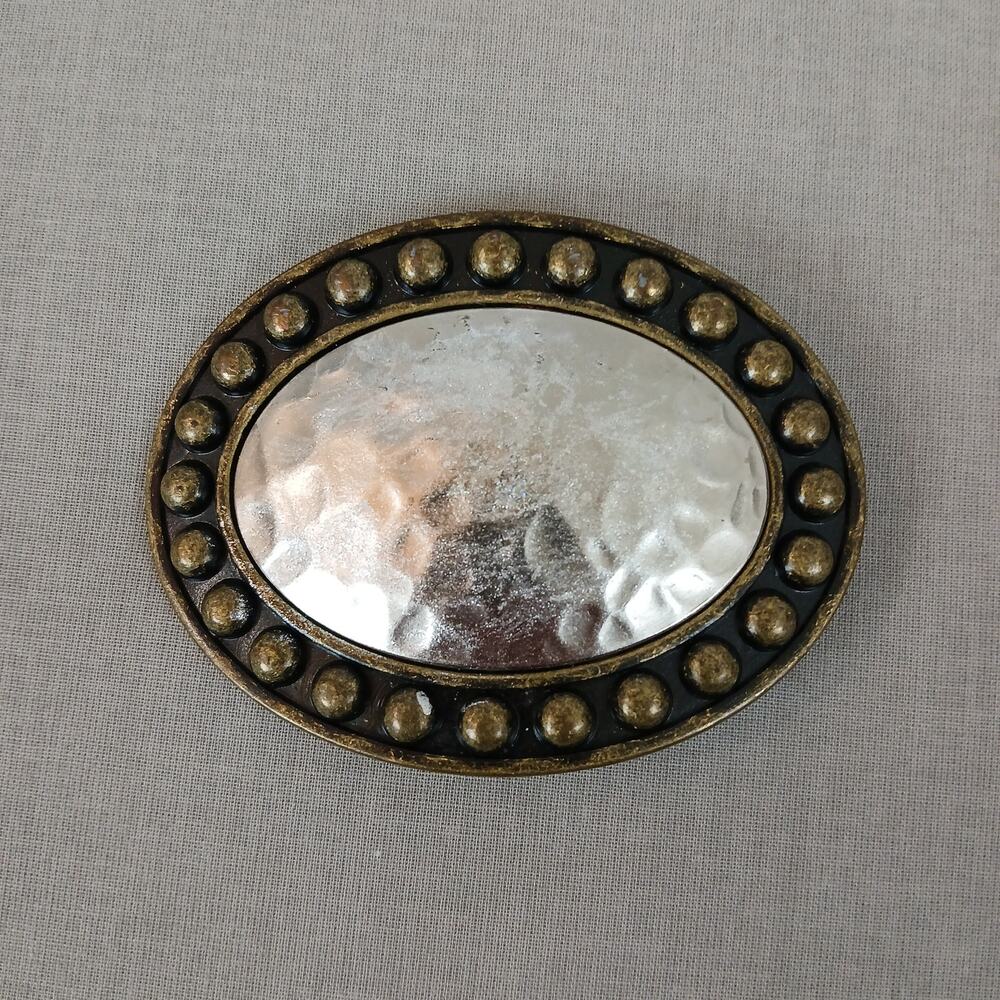 Oval hammered metal vintage belt buckle 3" x 2.5"
